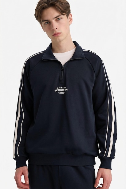 Boxy Fit Cotton High Neck Slogan Printed Sweatshirt