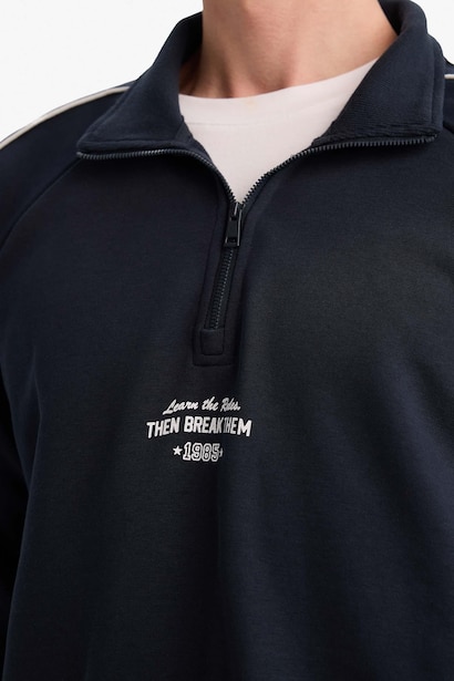 Boxy Fit Cotton High Neck Slogan Printed Sweatshirt