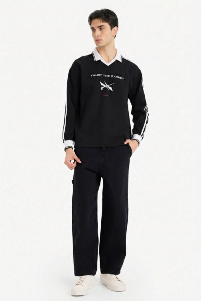 سويت شيرت اوفر سايز بياقة بولو قماش يسمح بمرور الهواء