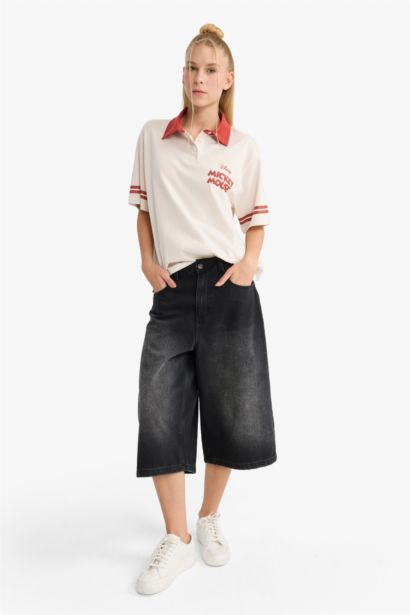 Disney Mickey & Minnie Oversize Geniş Kalıp Polo Yaka Sırt Baskılı Kısa Kollu Tişört