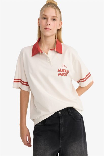 Disney Mickey & Minnie Oversize Geniş Kalıp Polo Yaka Sırt Baskılı Kısa Kollu Tişört