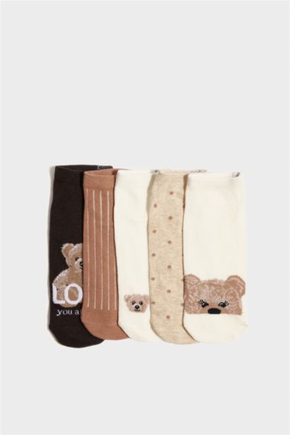 Woman Bear Print 5 Piece Short Cotton Socks