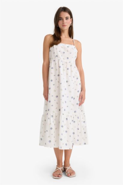 Square Collar Floral Poplin Midi Dress