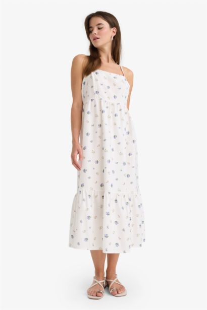 Square Collar Floral Poplin Midi Dress