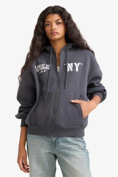 Oversize Geniş Kalıp Kapüşonlu Sırt Baskılı Fermuarlı Sweatshirt