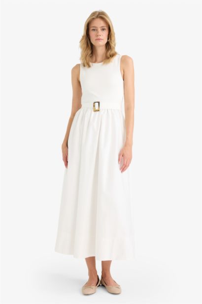 Robe maxi sans manches en popeline à col rond