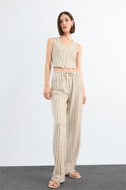 Fitted Çizgili Üç Cepli Uzun Pantolon