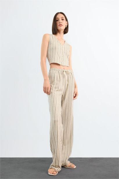 Fitted Çizgili Üç Cepli Uzun Pantolon