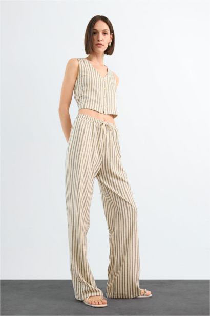 Fitted Çizgili V Yaka Blazer Yelek