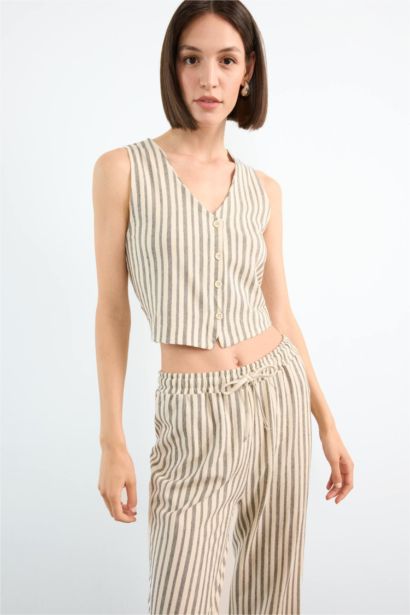 Fitted Çizgili V Yaka Blazer Yelek