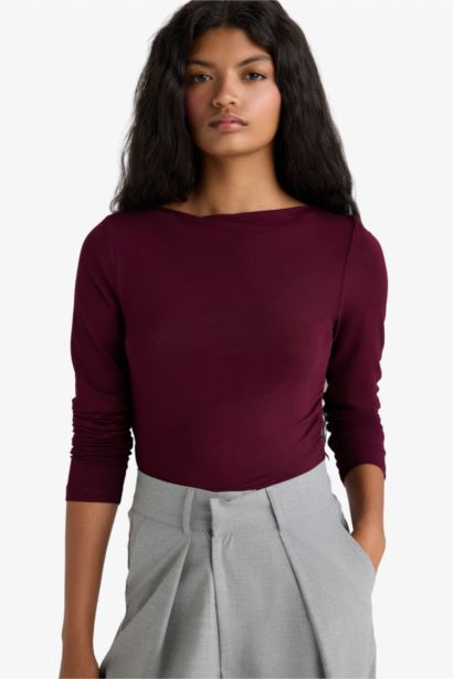 Slim Fit Boat Neck Long Sleeve T-Shirt