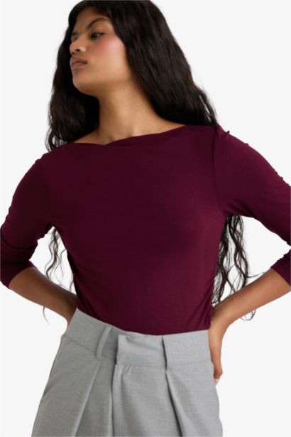 Slim Fit Boat Neck Long Sleeve T-Shirt