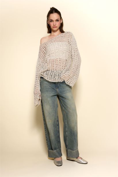 Oversize Geniş Kalıp Kayık Yaka Kroşe Kazak