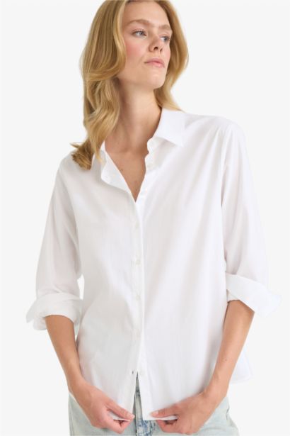 قميص كم طويل بوبلين قصة عادية بياقة قميص