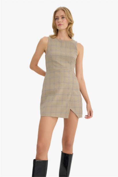 Bodycon Crew Neck Plaid Mini Dress