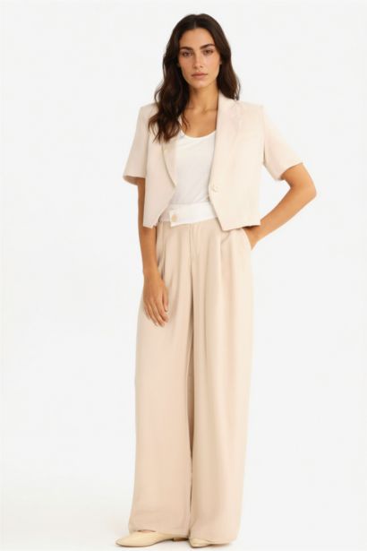 بنطرون منسوج وايد ليج برجل عادي وخصر عادي