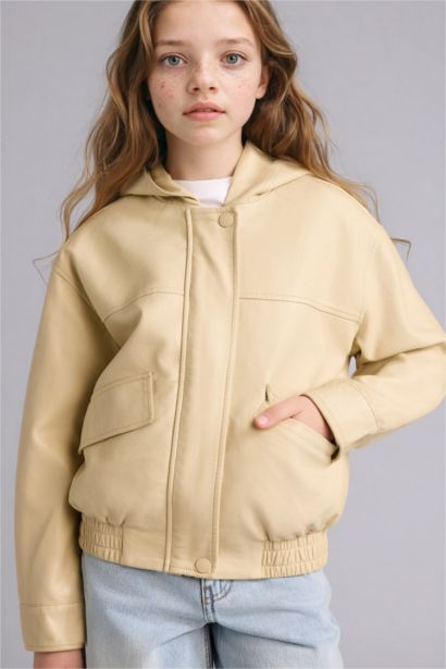 Girl Hooded Faux Leather Jacket