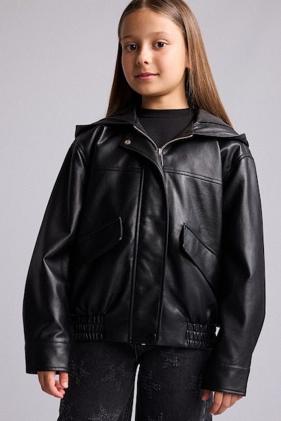 Girl Hooded Faux Leather Jacket