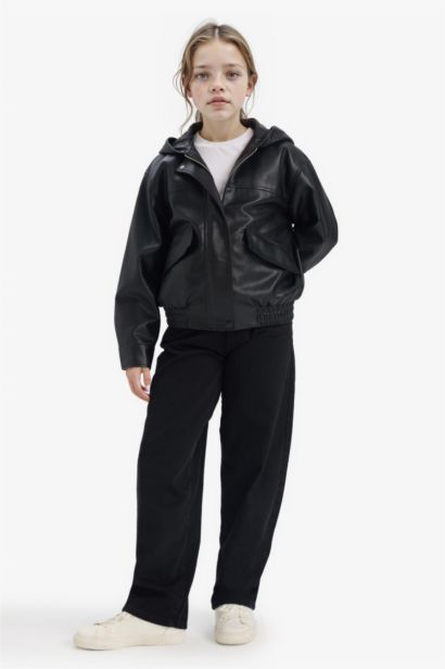 Girl Hooded Faux Leather Jacket