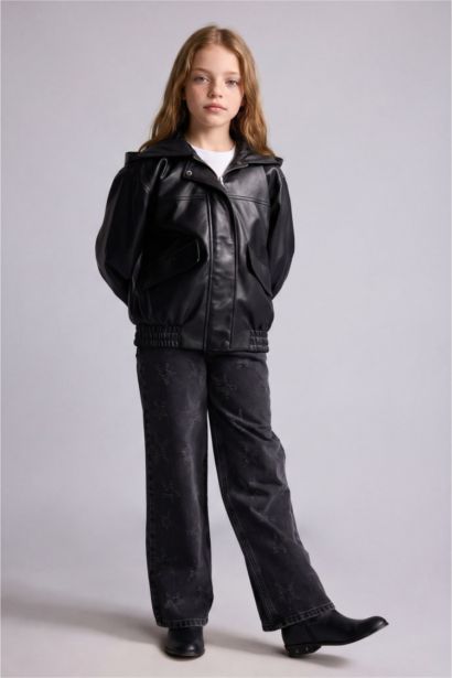 Girl Hooded Faux Leather Jacket