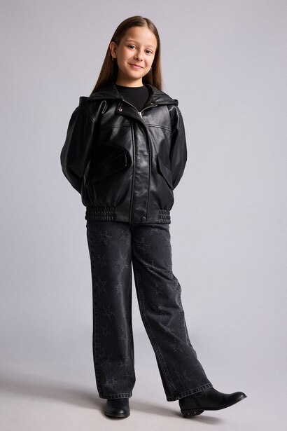 Girl Hooded Faux Leather Jacket