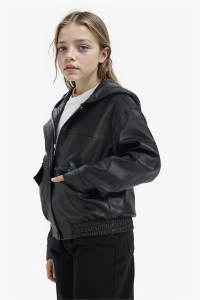 Girl Hooded Faux Leather Jacket