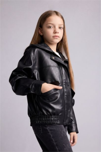 Girl Hooded Faux Leather Jacket