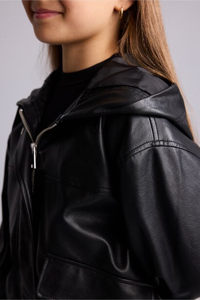 Girl Hooded Faux Leather Jacket