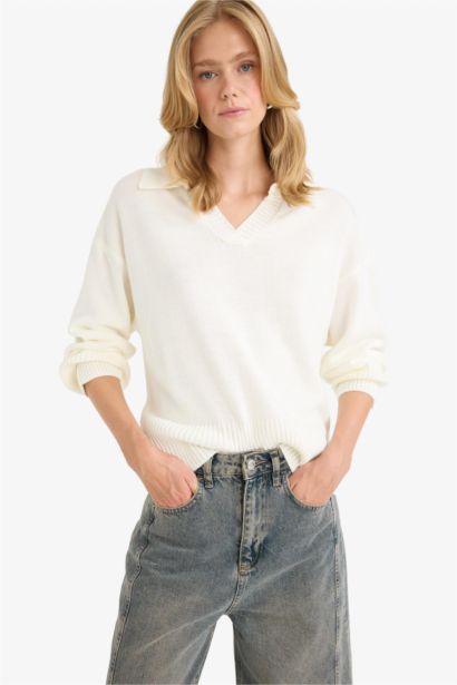 Oversize Fit Polo Collar Knitwear Pullover