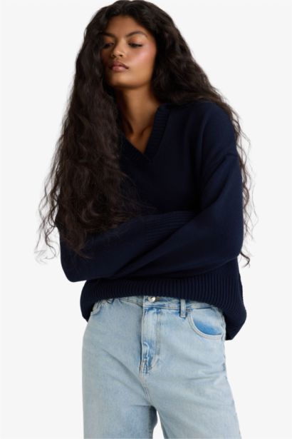 Oversize Fit Polo Collar Knitwear Pullover