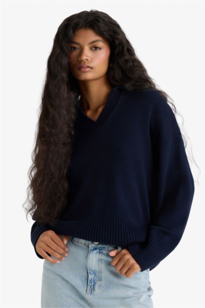Oversize Fit Polo Collar Knitwear Pullover
