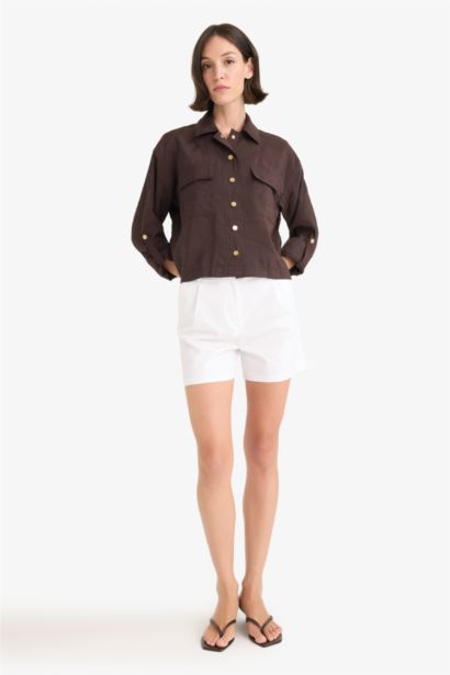 Regular Fit Gömlek Yaka Keten Karışımlı Beli Lastikli İnce Ceket