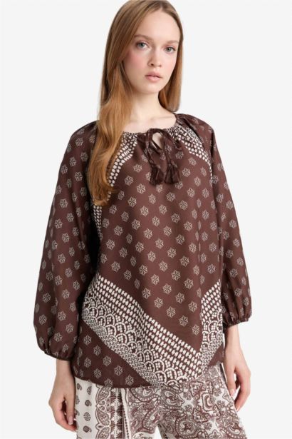 بلوزة ردن طويل قصة مريحة بياقة مستديرة