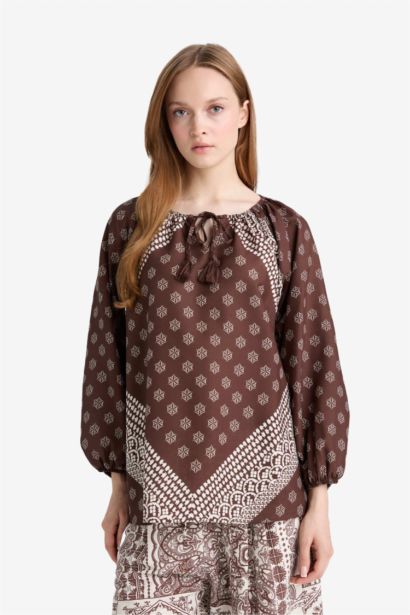 بلوزة ردن طويل قصة مريحة بياقة مستديرة