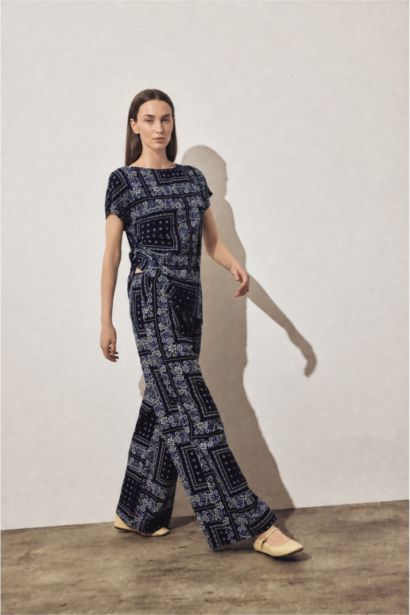 Wide Leg Keten Karışımlı Desenli Pantolon