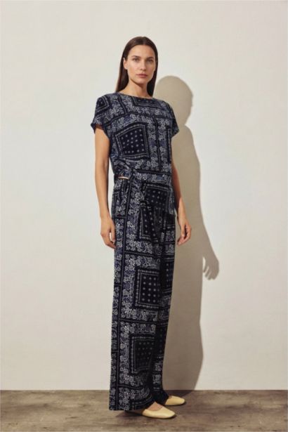 Wide Leg Keten Karışımlı Desenli Pantolon