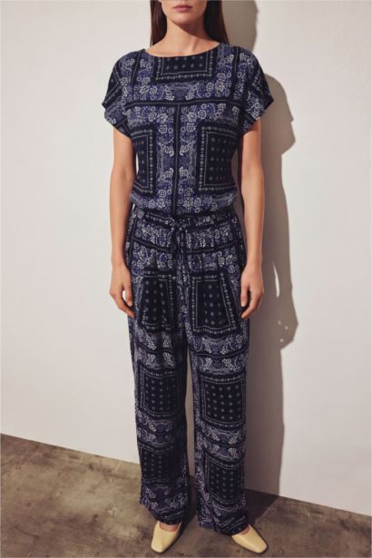 Wide Leg Keten Karışımlı Desenli Pantolon