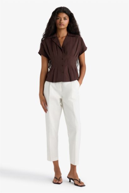 Slim Fit Jacket Collar Poplin Short Sleeve Shirt