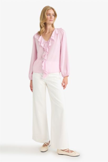 بلوزة كم طويل مكشكش قطن قصة عادية بياقة V