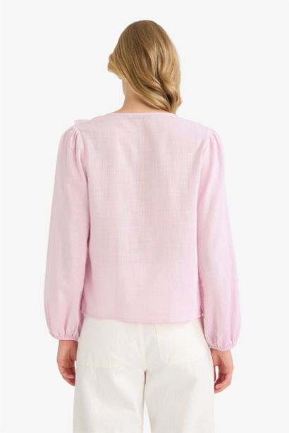 بلوزة كم طويل مكشكش قطن قصة عادية بياقة V