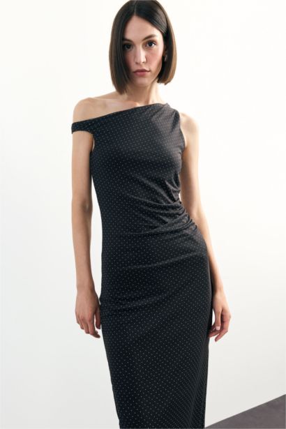 Polka Dot Tulle One Shoulder Maxi Dress