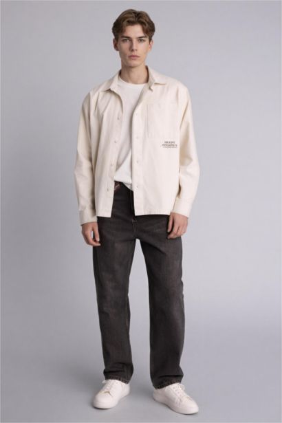 Boxy Fıt Polo Yaka Baskılı Uzun Kollu Gömlek