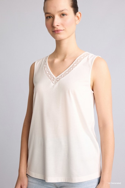Ecru V-Neck Lace Detail Tank Top