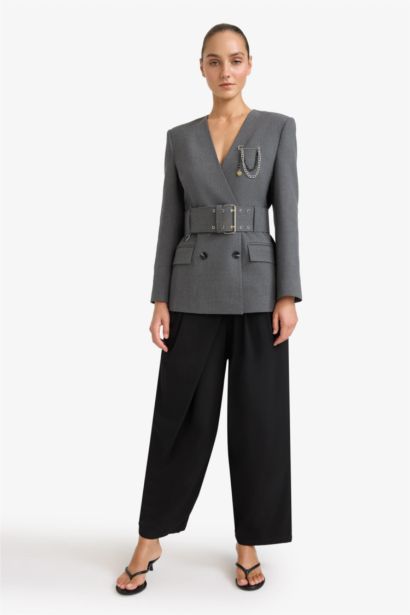 Fıtted V Yaka Tafta Blazer Ceket