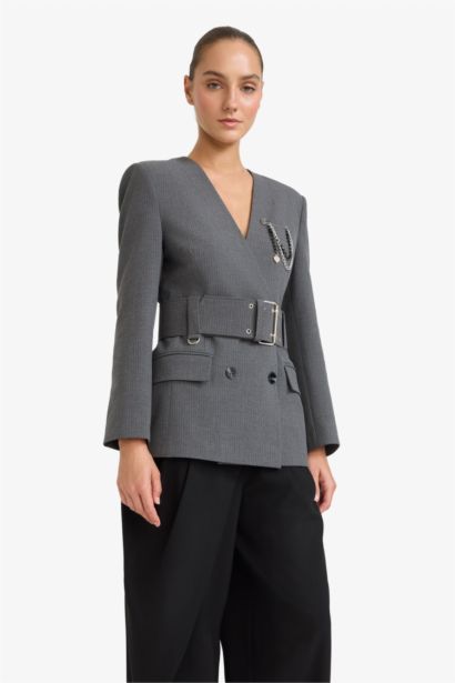 Fıtted V Yaka Tafta Blazer Ceket