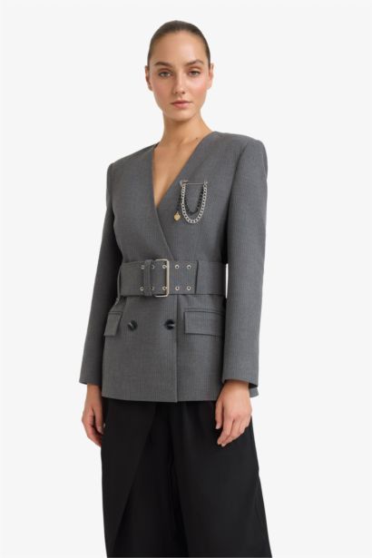 Fıtted V Yaka Tafta Blazer Ceket