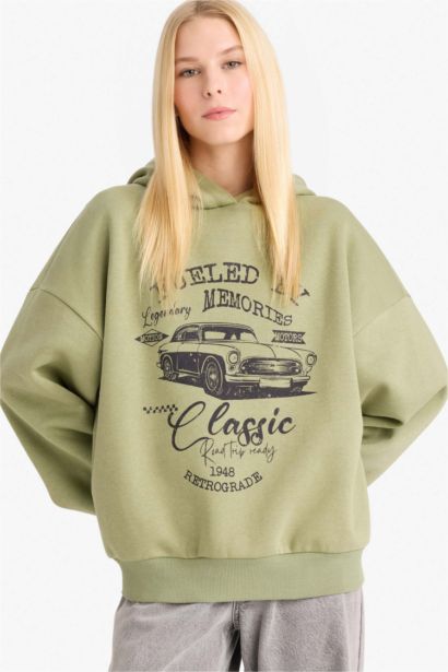 Overshirt Fit Kapüşonlu Baskılı Sweatshirt