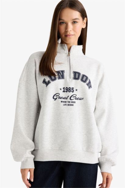 Overshırt Fıt Yarım Fermuarlı Baskılı Kalın Kumaş Sweatshirt