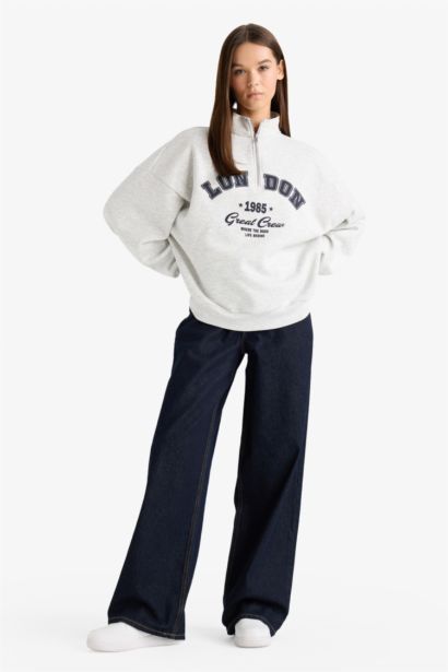 Overshırt Fıt Yarım Fermuarlı Baskılı Kalın Kumaş Sweatshirt