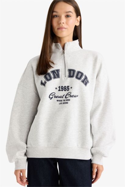 Overshırt Fıt Yarım Fermuarlı Baskılı Kalın Kumaş Sweatshirt